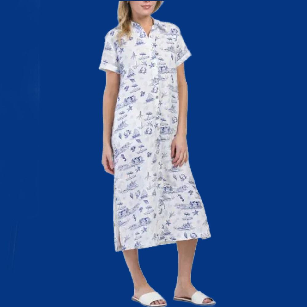 MARTHA STEWART 100% Linen Coastal Toile Midi Shirt Dress Small Blue White